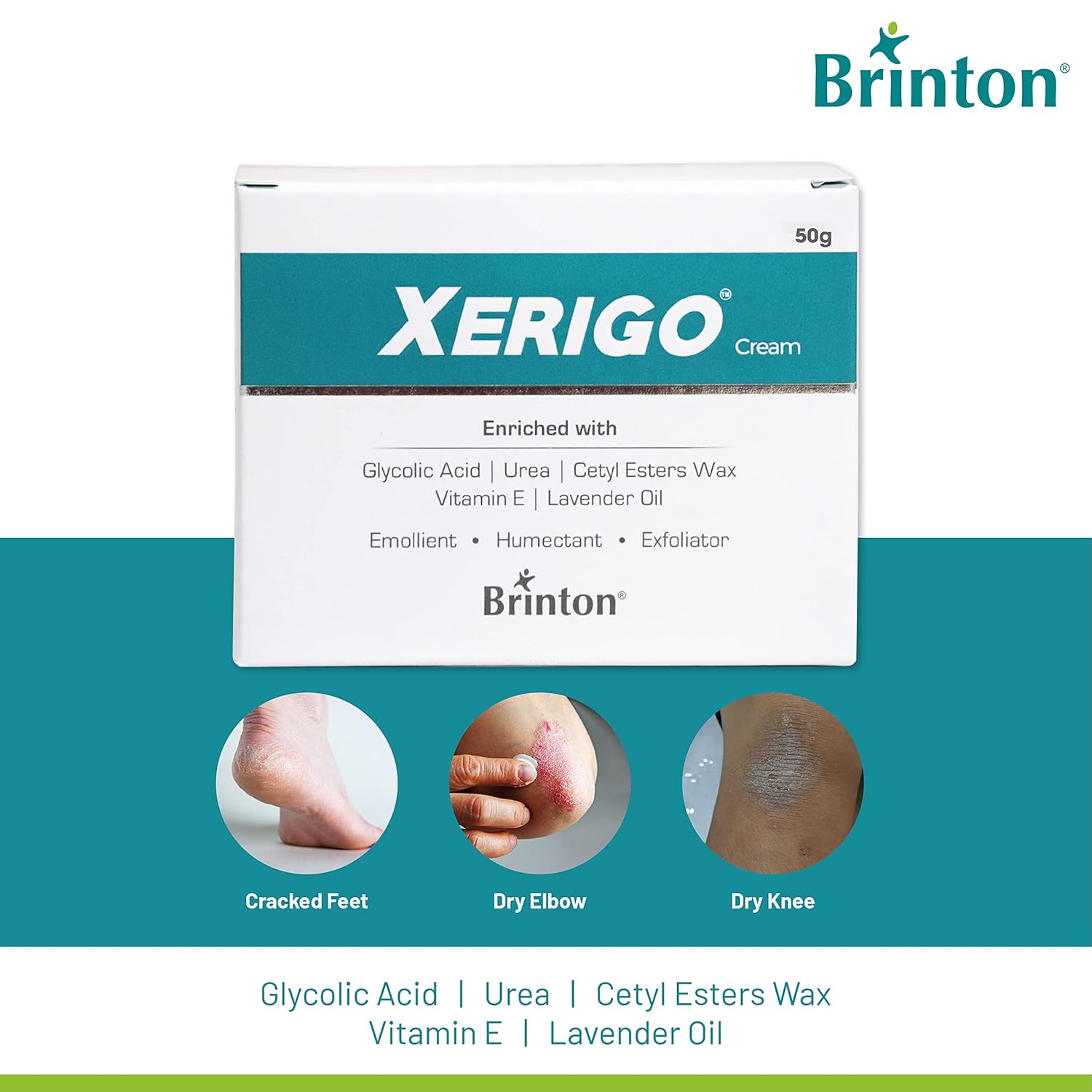 Xerigo Intense Skin Moisturizing Cream with Exfoliating Ingredients for Cracked Feet, Elbow & Knees, Prevents Moisture Loss, Non-Greasy,50gm