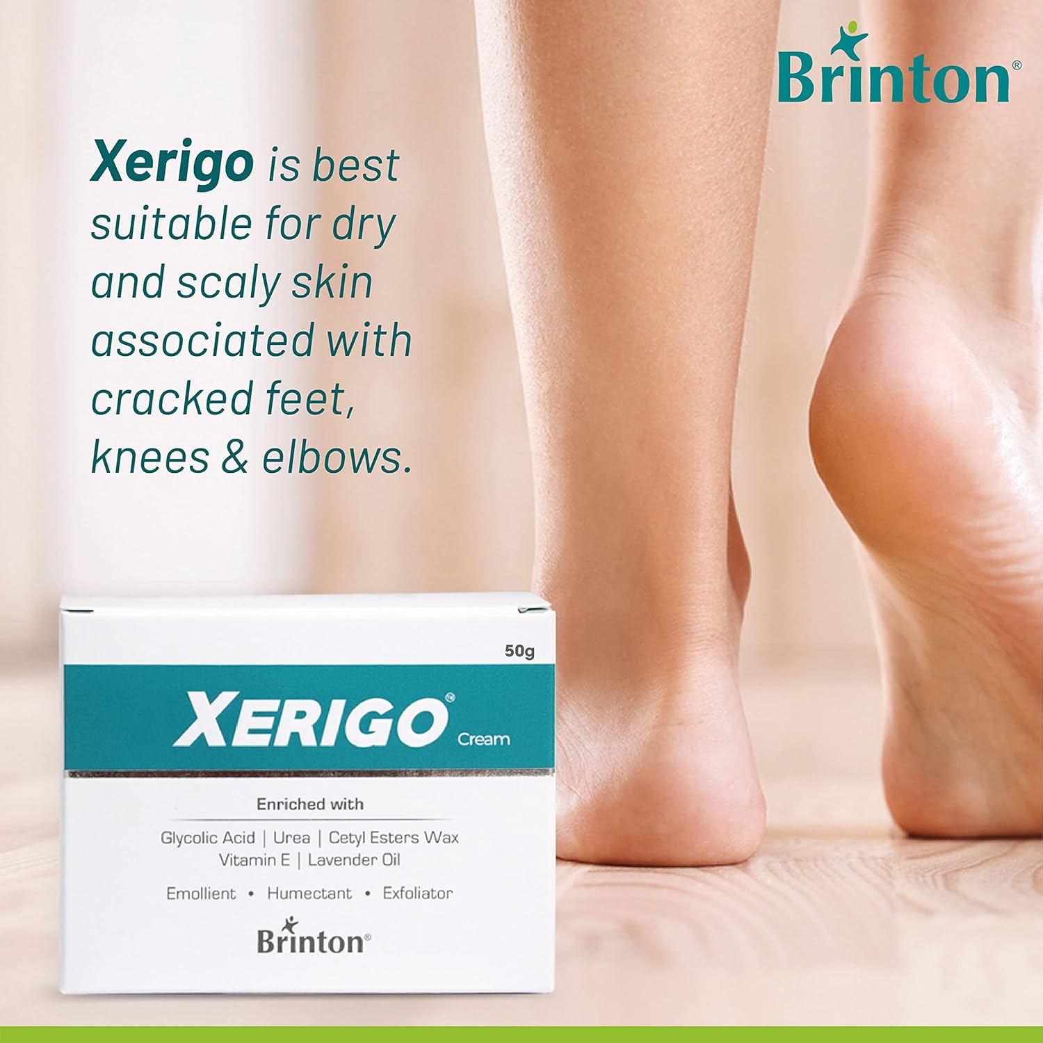 Xerigo Intense Skin Moisturizing Cream with Exfoliating Ingredients for Cracked Feet, Elbow & Knees, Prevents Moisture Loss, Non-Greasy,50gm