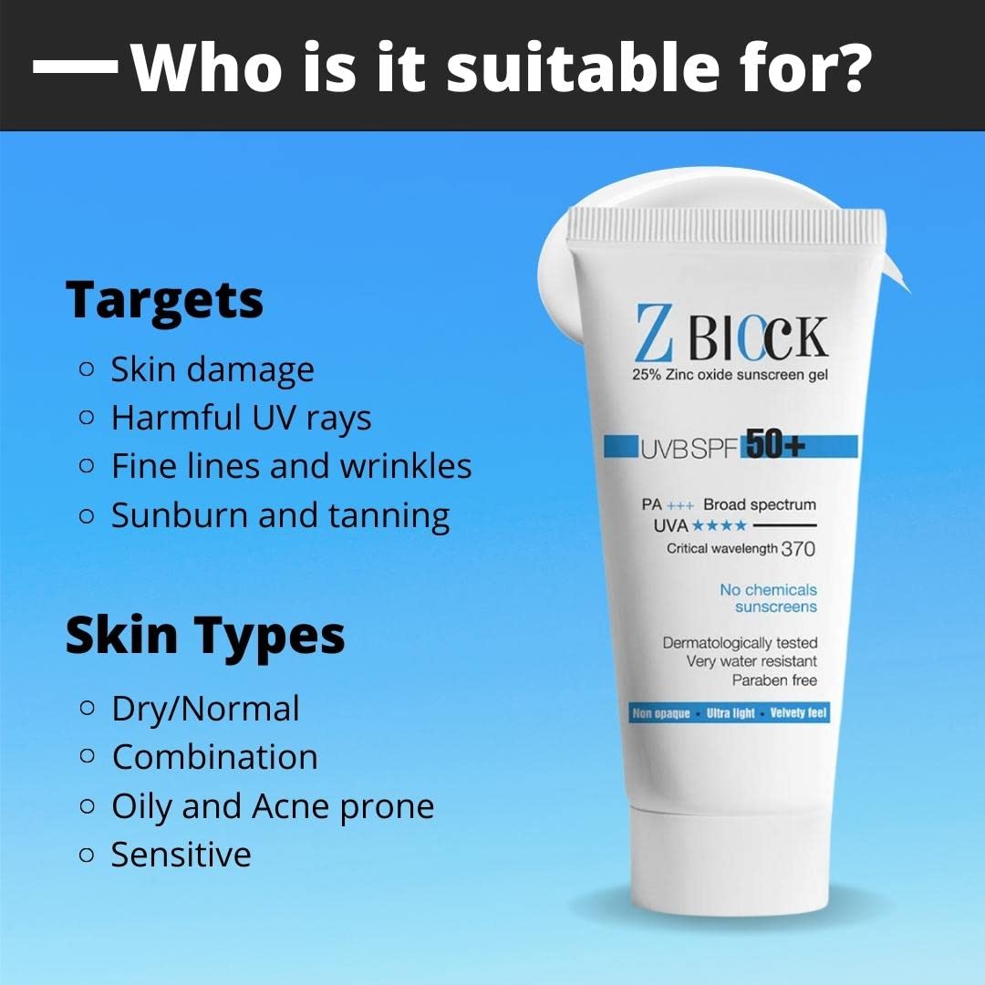 Z Block Zinc Oxide Sunscreen Gel SPF 50+ PA+++ 25% Zinc Oxide | All Skin Type | 50 ml - Skiynse Dermatologique