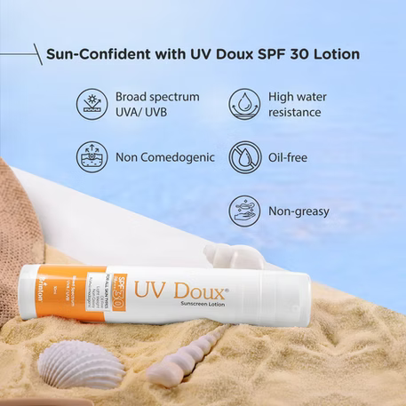 UV Doux Sunscreen Lotion with SPF 30 | Oil Free Formula | Sweat & Water Resistant | Lightweight, Non-Greasy and Non-Comedogenic | For All Skin Types, 50ml