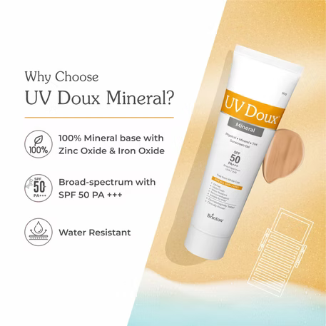 UV Doux SPF 50 PA+++ Mineral Based Sunscreen Gel With No White Cast | Clinically Tested Sunscreen with Zinc Oxide | Tinted & Water Resistant | UVA/UVB Protection, For Men,Women & Children- 50g