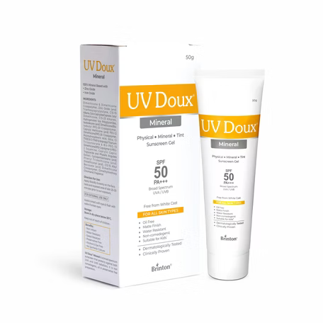 UV Doux SPF 50 PA+++ Mineral Based Sunscreen Gel With No White Cast | Clinically Tested Sunscreen with Zinc Oxide | Tinted & Water Resistant | UVA/UVB Protection, For Men,Women & Children- 50g