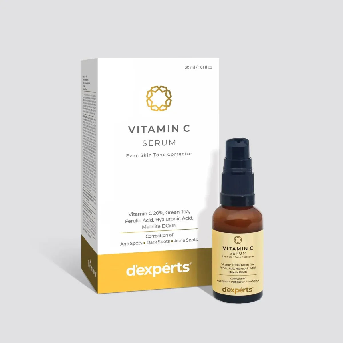 d'experts Vitamin C Serum with Green Tea, Ferulic Acid, Hyaluronic Acid | Correction of Age Spots, Dark Spots & Acne Spots | Reduces Fine Lines & Wrinkles | For All Skin Types 30ml