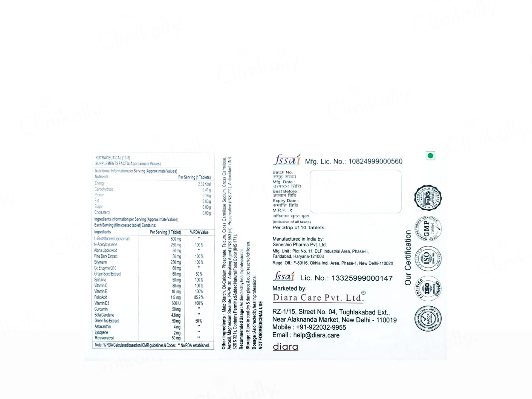 Diara Gloren Detox & D-Tan Nutraceutical Tablet - Skiynse Dermatologique