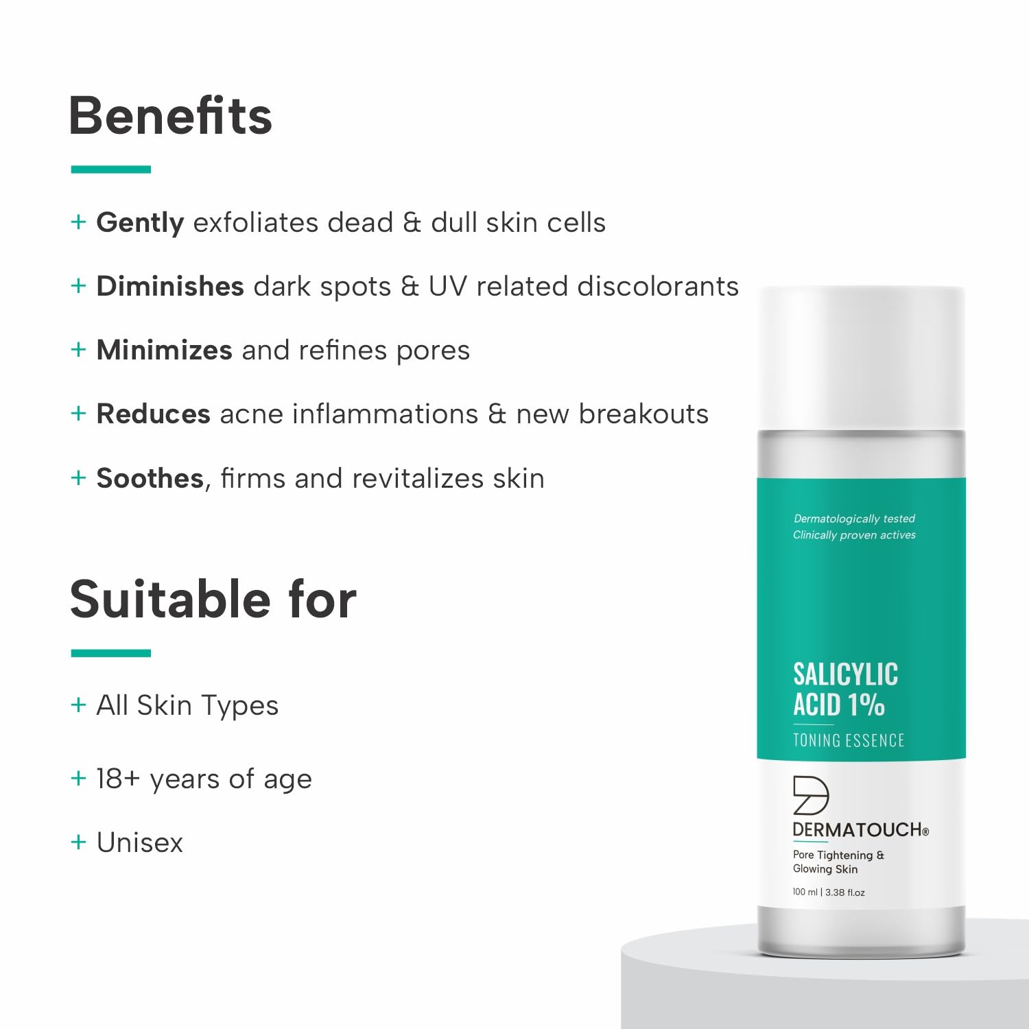 DERMATOUCH Salicylic Acid 1% w/w Toning Essence | For Pore Tightening & Glowing Skin | For Even & Revitalized Skin | For both men & women